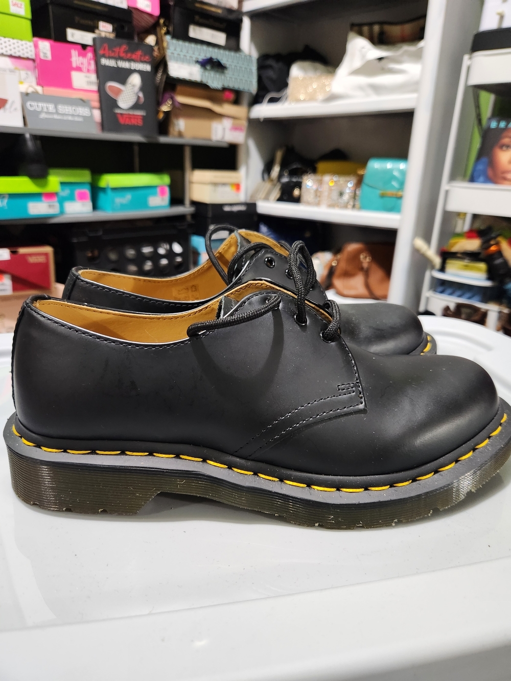 Dr. Marten's Women's Black Lace-Up Shoes with Yellow Stitching